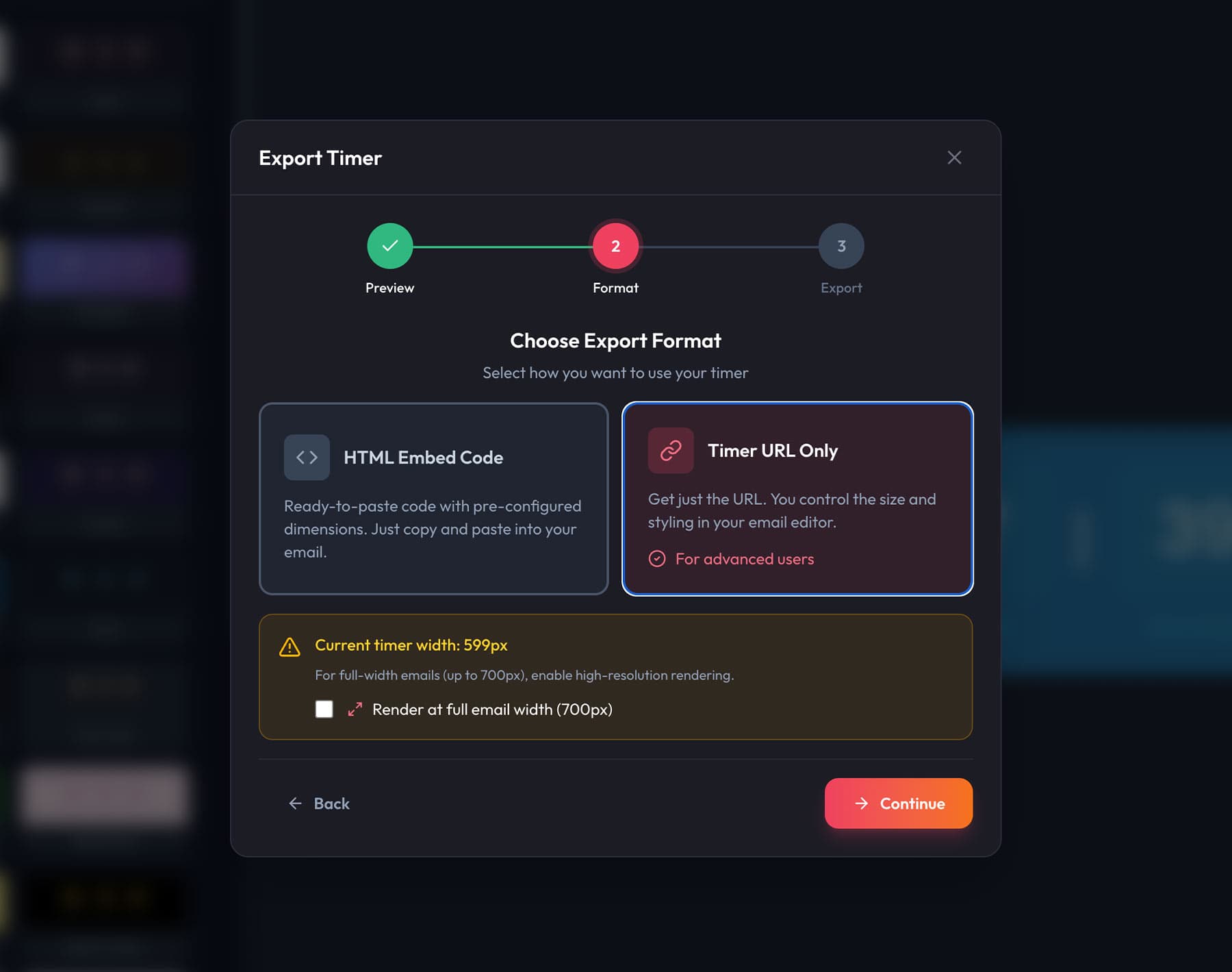 SnapTimers Export Modal showing Timer URL Only option selected for Klaviyo