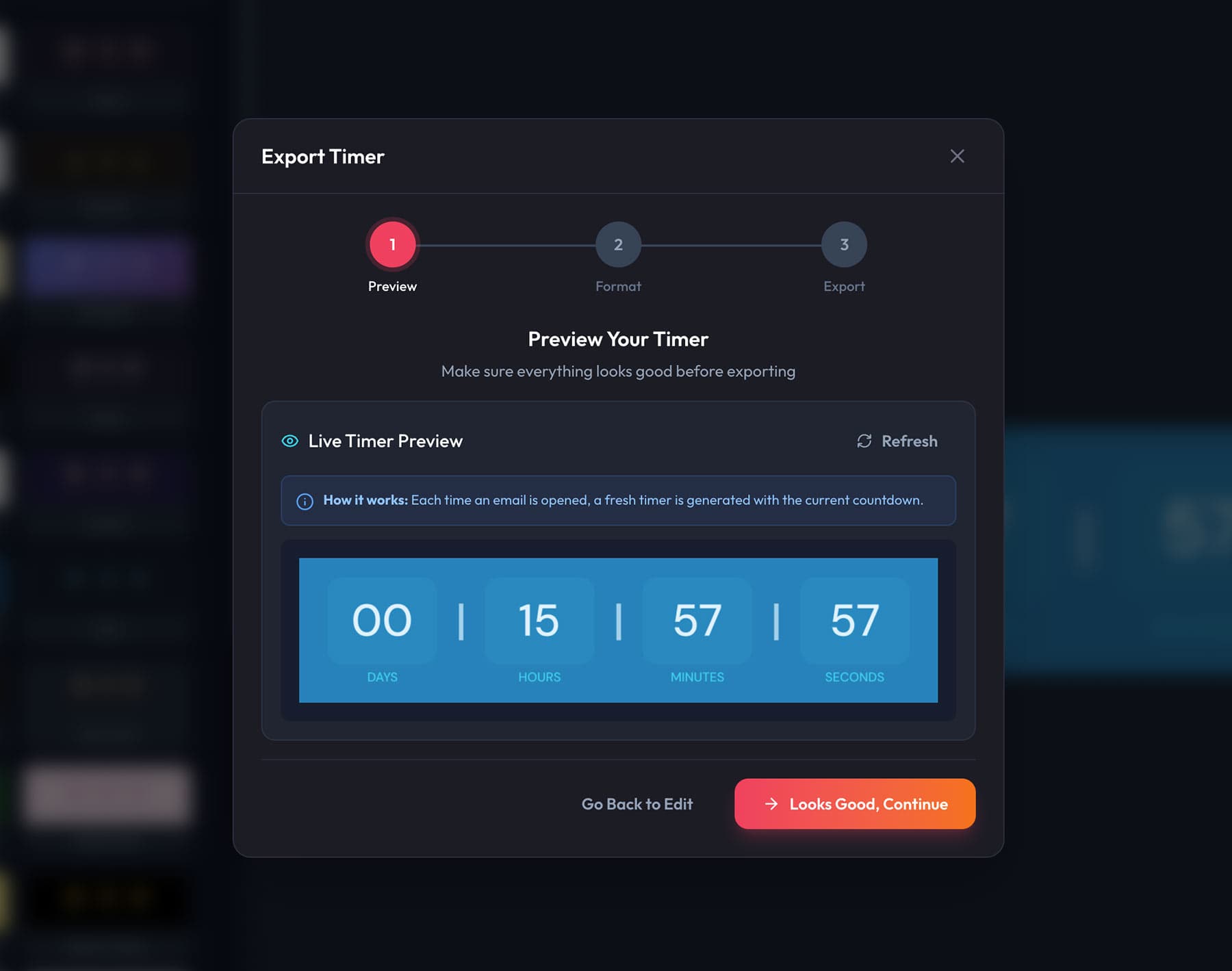 SnapTimers Export Modal showing timer preview step for Klaviyo integration