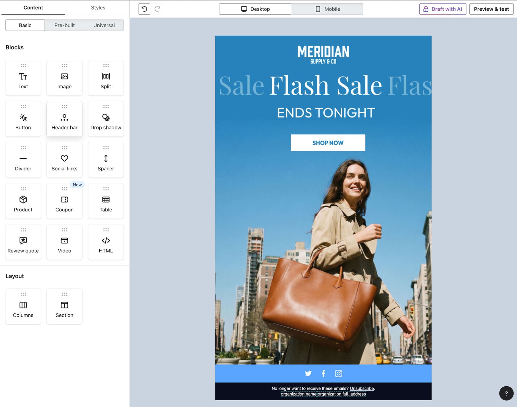 Klaviyo email editor showing Blocks panel with Image option highlighted