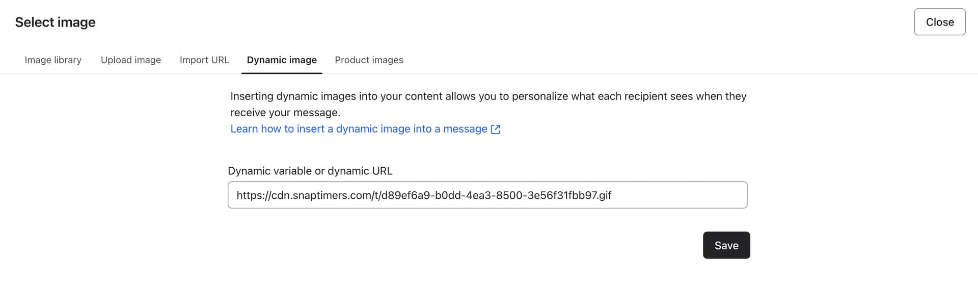 Klaviyo Select Image modal with Dynamic image tab selected and SnapTimers URL pasted