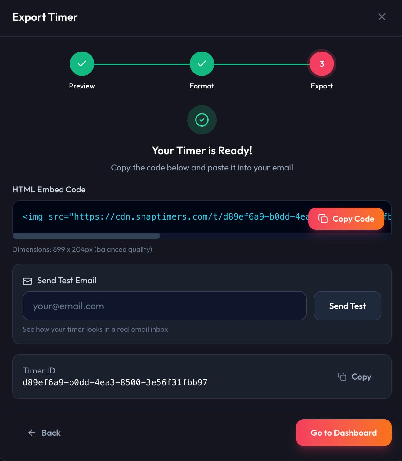 SnapTimers Export Modal showing HTML embed code ready to copy for Mailchimp