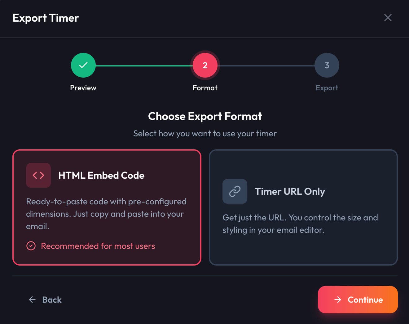 SnapTimers Export Modal showing HTML Embed Code option selected for Mailchimp
