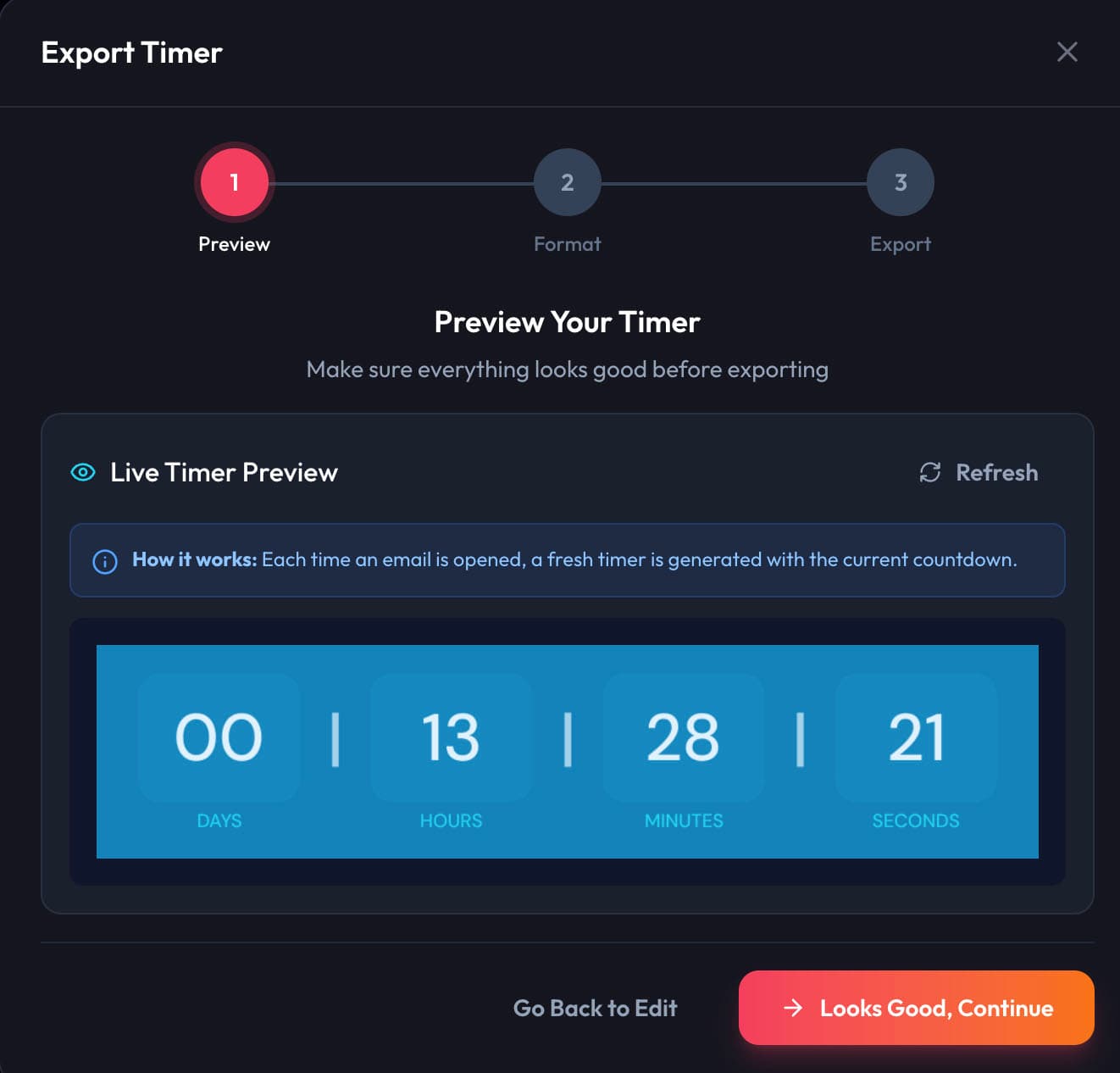 SnapTimers Export Modal showing timer preview step for Mailchimp integration