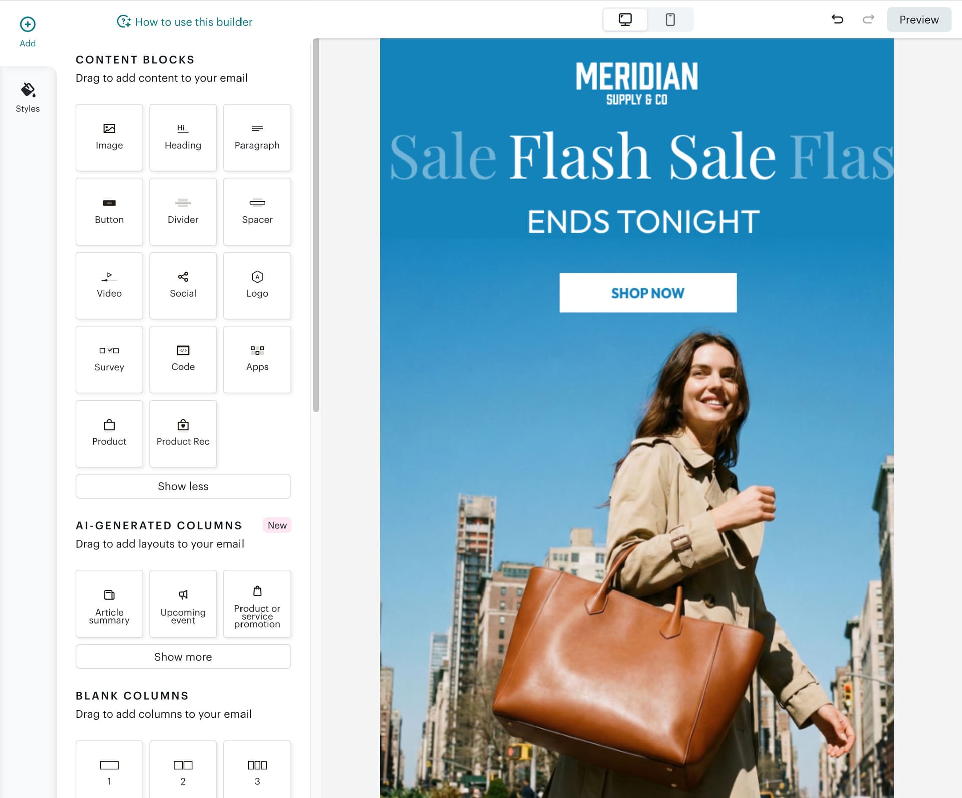 Mailchimp email editor showing Content Blocks panel with Code option
