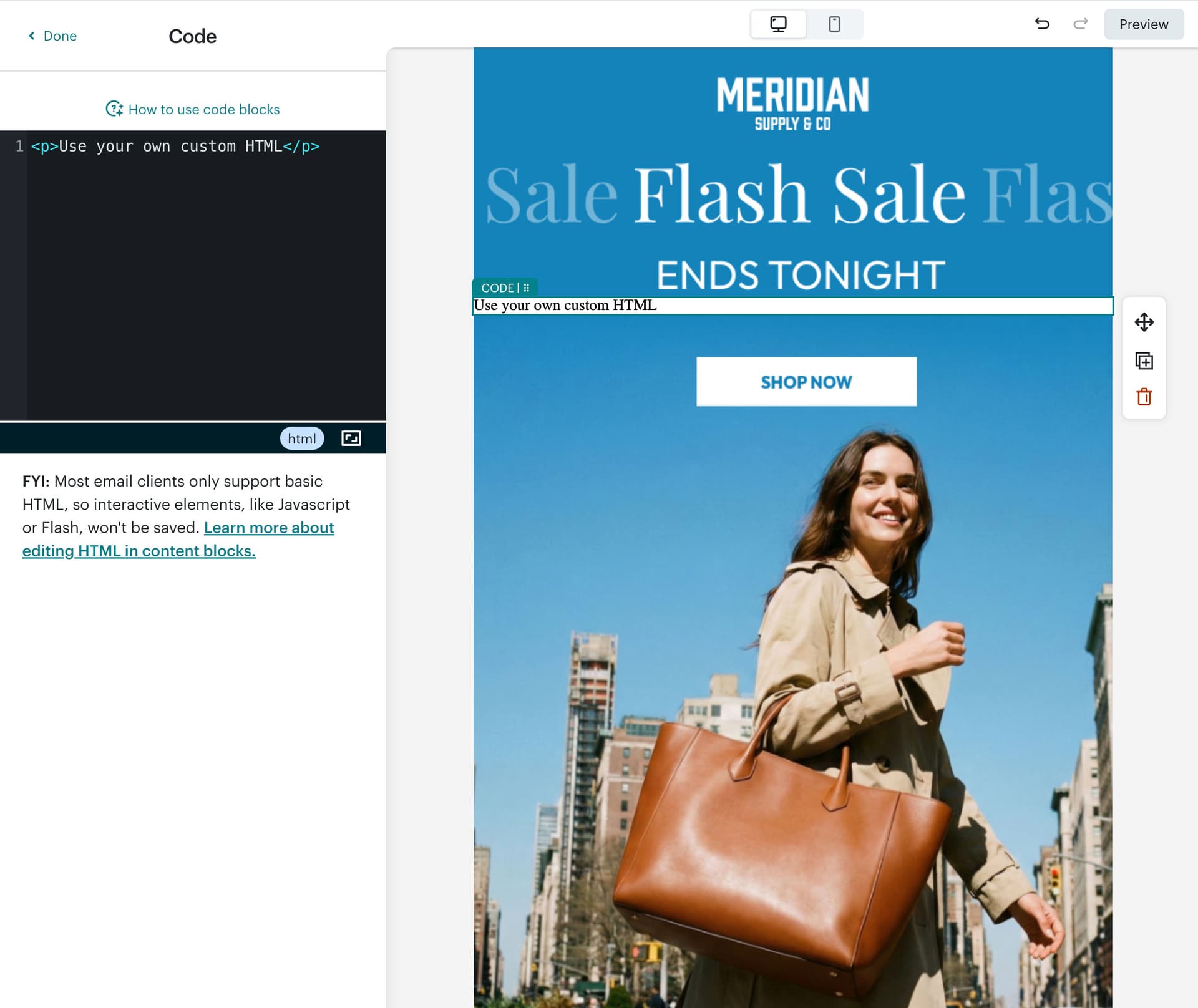 Mailchimp Code block editor ready for HTML input
