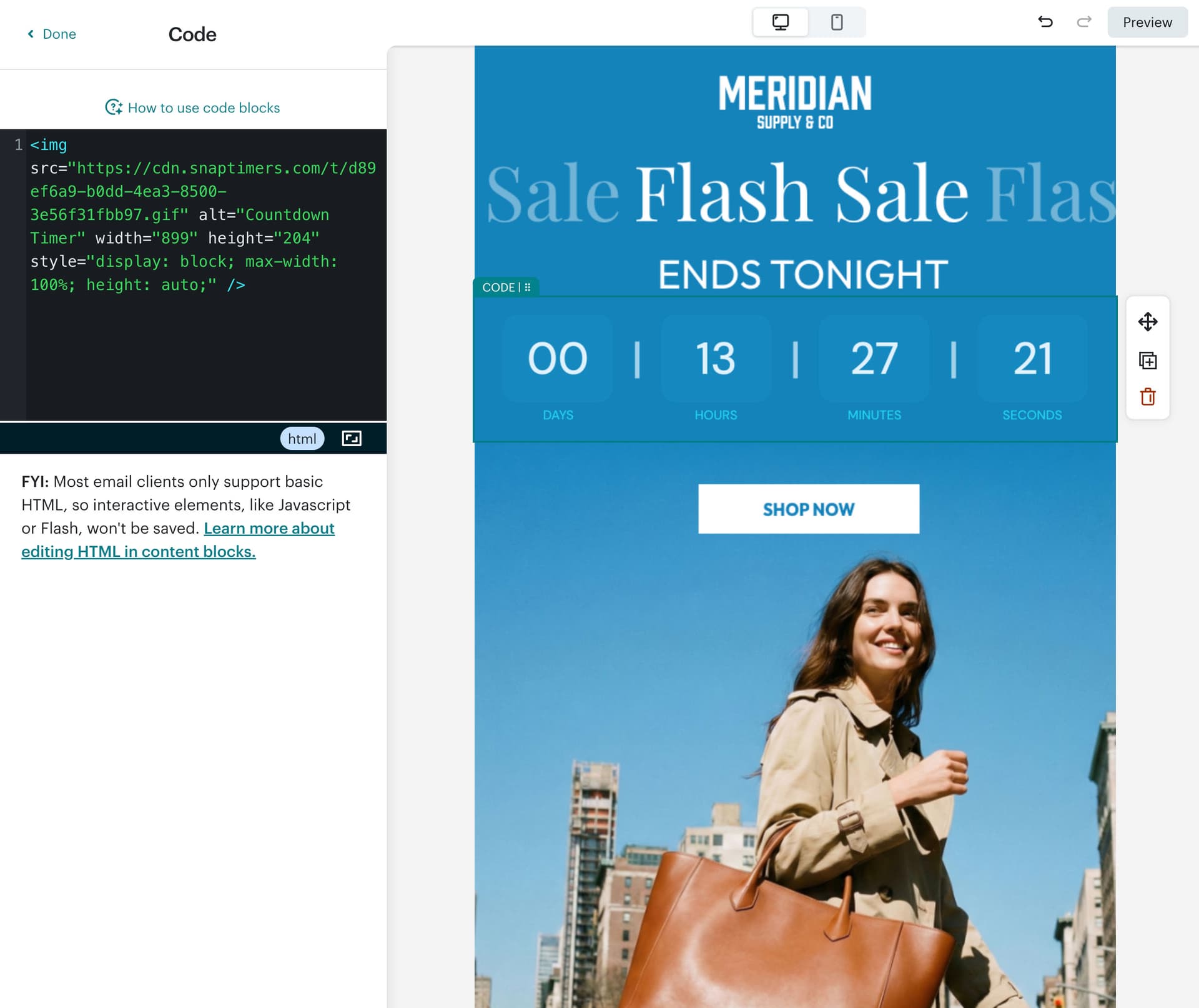 Mailchimp email with countdown timer successfully added and displaying